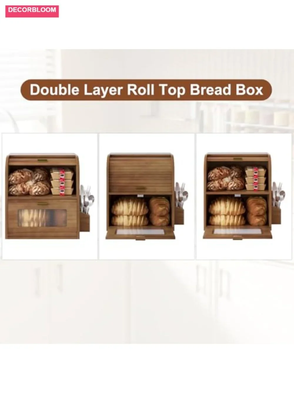 Roll Top Bread Box Vintage Wooden Kitchen Storage With Window